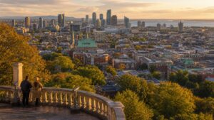 Travelers overlooking a layered international city skyline at golden hour