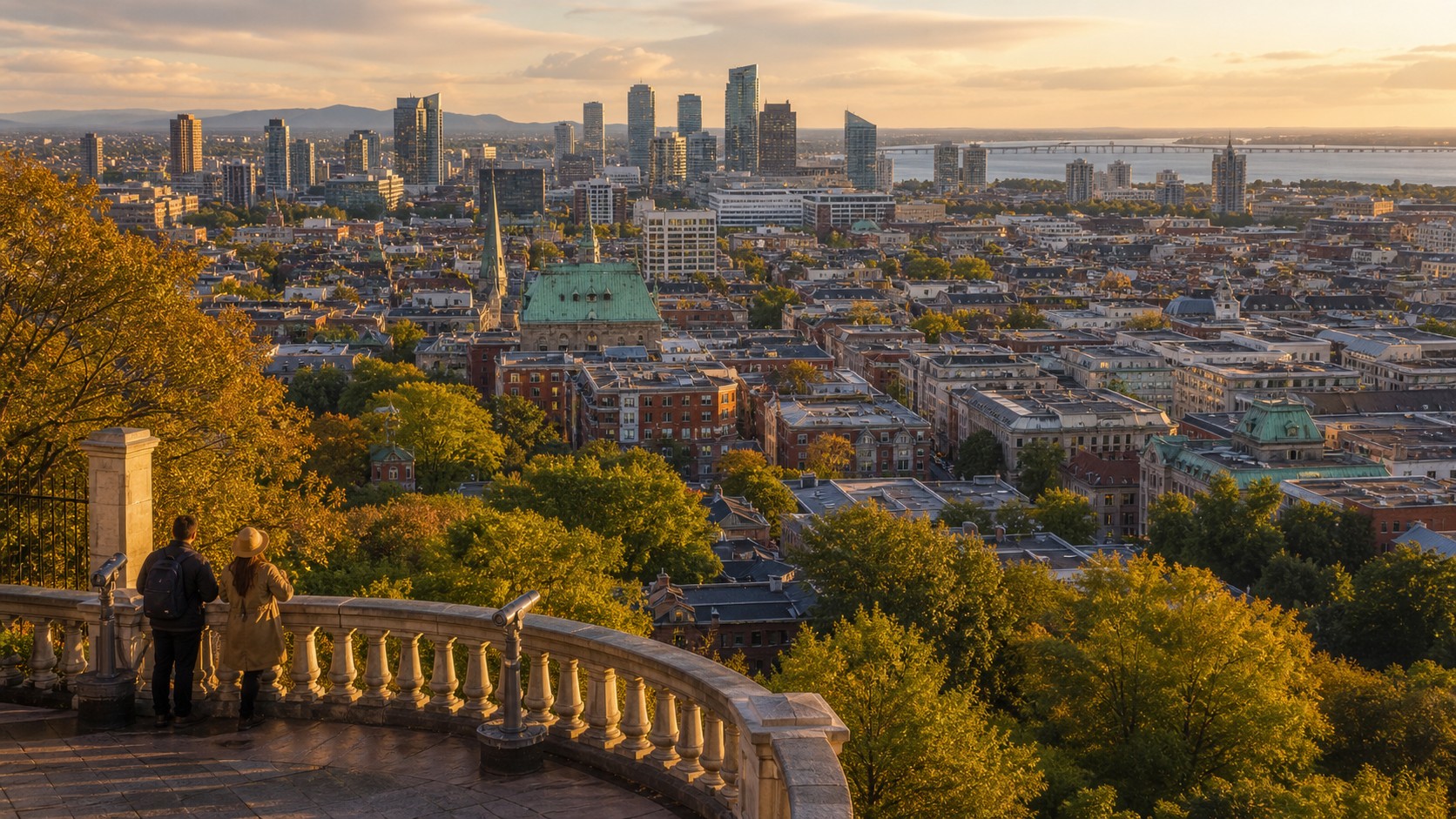 Travelers overlooking a layered international city skyline at golden hour