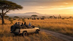 Travelers watching elephants and giraffes from a safari vehicle on golden savanna at sunrise