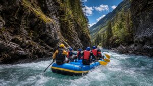 Guided whitewater rafting team wearing helmets and life jackets paddling through a canyon rapid