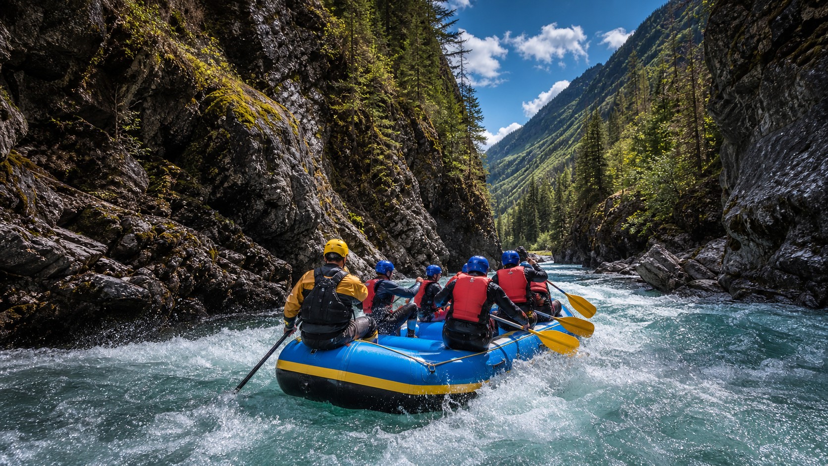 Guided whitewater rafting team wearing helmets and life jackets paddling through a canyon rapid