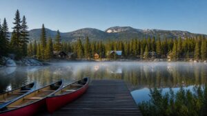 A quiet pine-lined American lake with canoes, cabins, low mountains, and morning mist