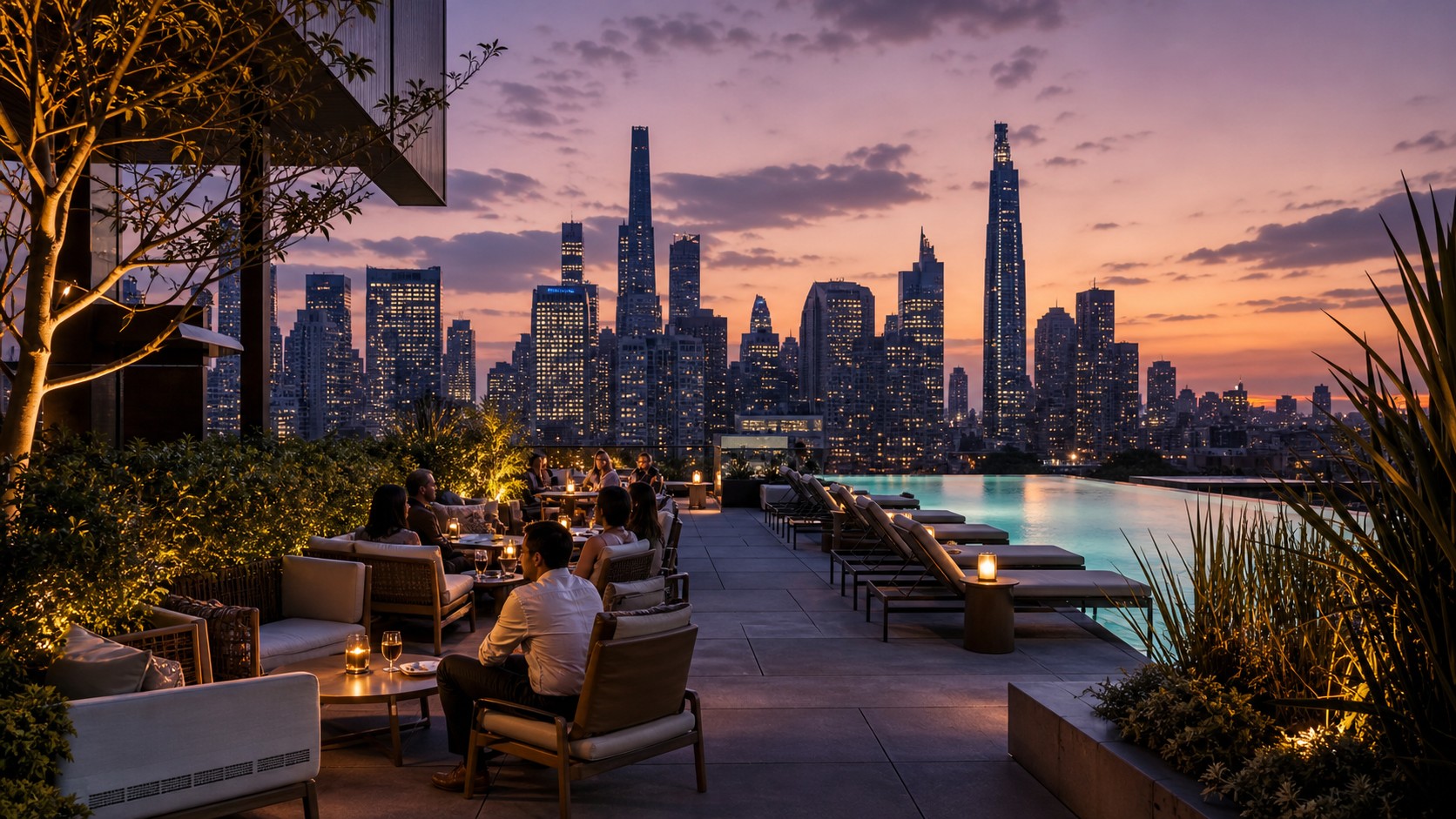 Luxury city hotel rooftop terrace overlooking a skyline at sunset