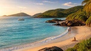 Quiet turquoise cove with a sailboat, forested headlands, and travelers relaxing on a sandy tropical shore