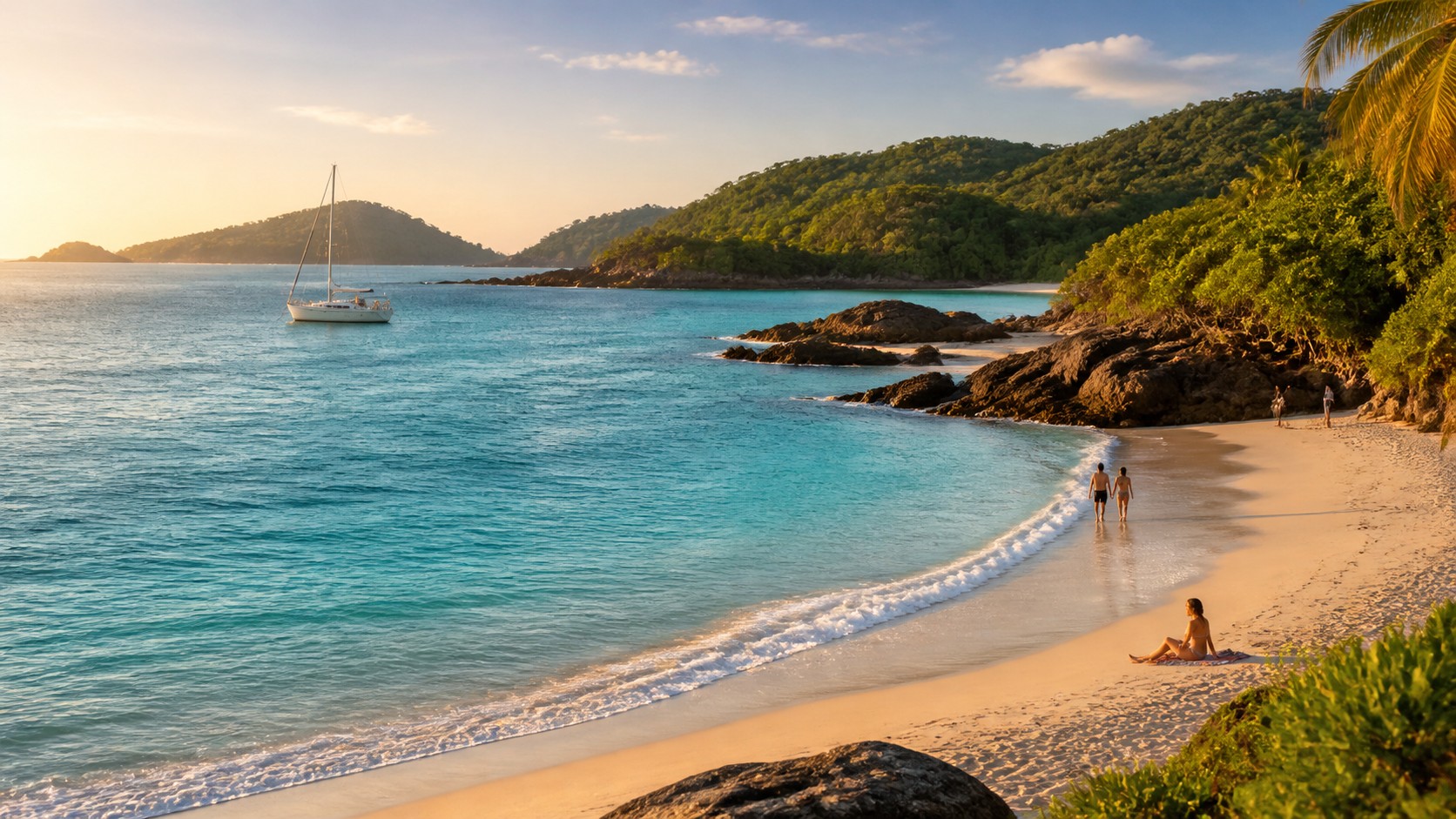 Quiet turquoise cove with a sailboat, forested headlands, and travelers relaxing on a sandy tropical shore