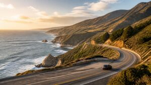 Car driving along a winding coastal highway above cliffs and ocean in golden-hour light