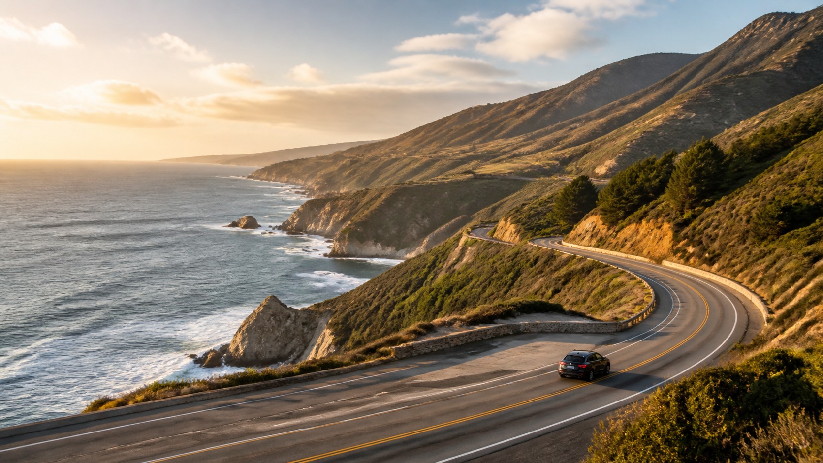 Car driving along a winding coastal highway above cliffs and ocean in golden-hour light