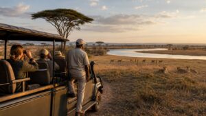 Guide and travelers observing distant lions and antelope from a safari vehicle near a river at golden hour