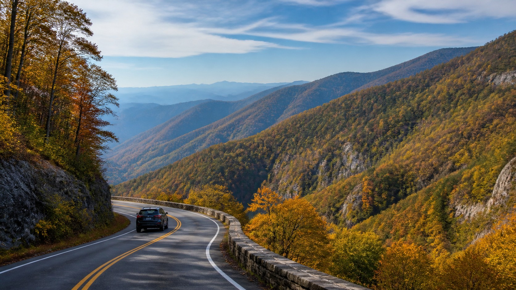 Car driving along an autumn mountain parkway with layered blue ridges and forested slopes