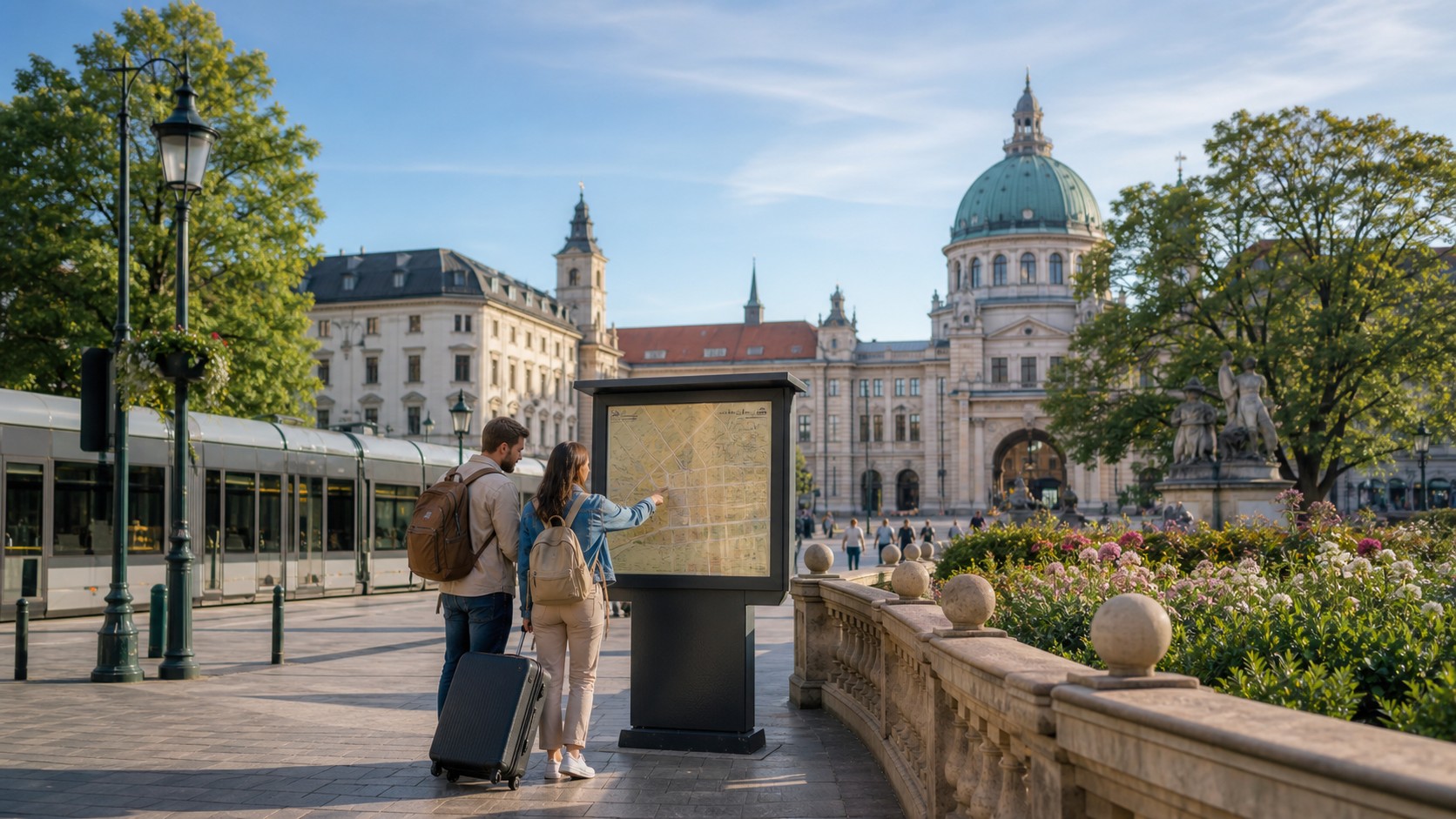 First-time travelers orienting themselves at a city map in a welcoming transit-friendly square