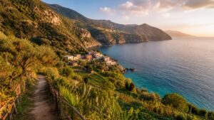 A hidden coastal village with terraced greenery, a footpath, turquoise bay, and mountains in golden light