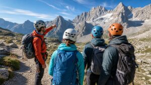 A mountain guide briefing beginner climbers in helmets on a rocky alpine approach trail