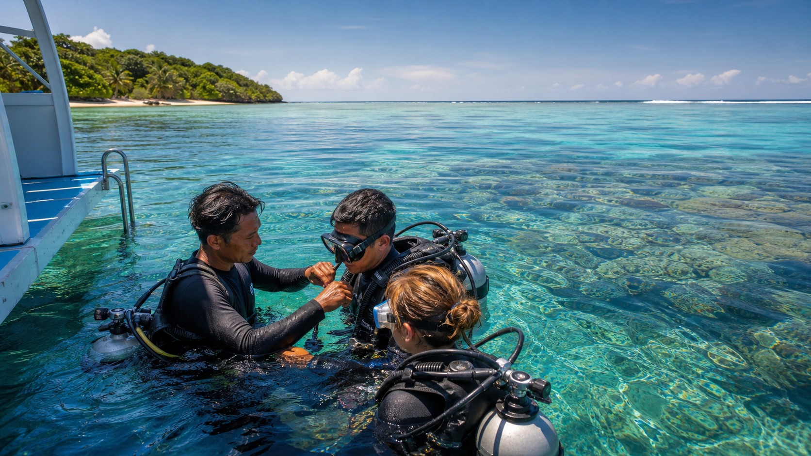 Scuba instructor helping two beginner divers adjust gear in calm clear tropical water beside a dive boat