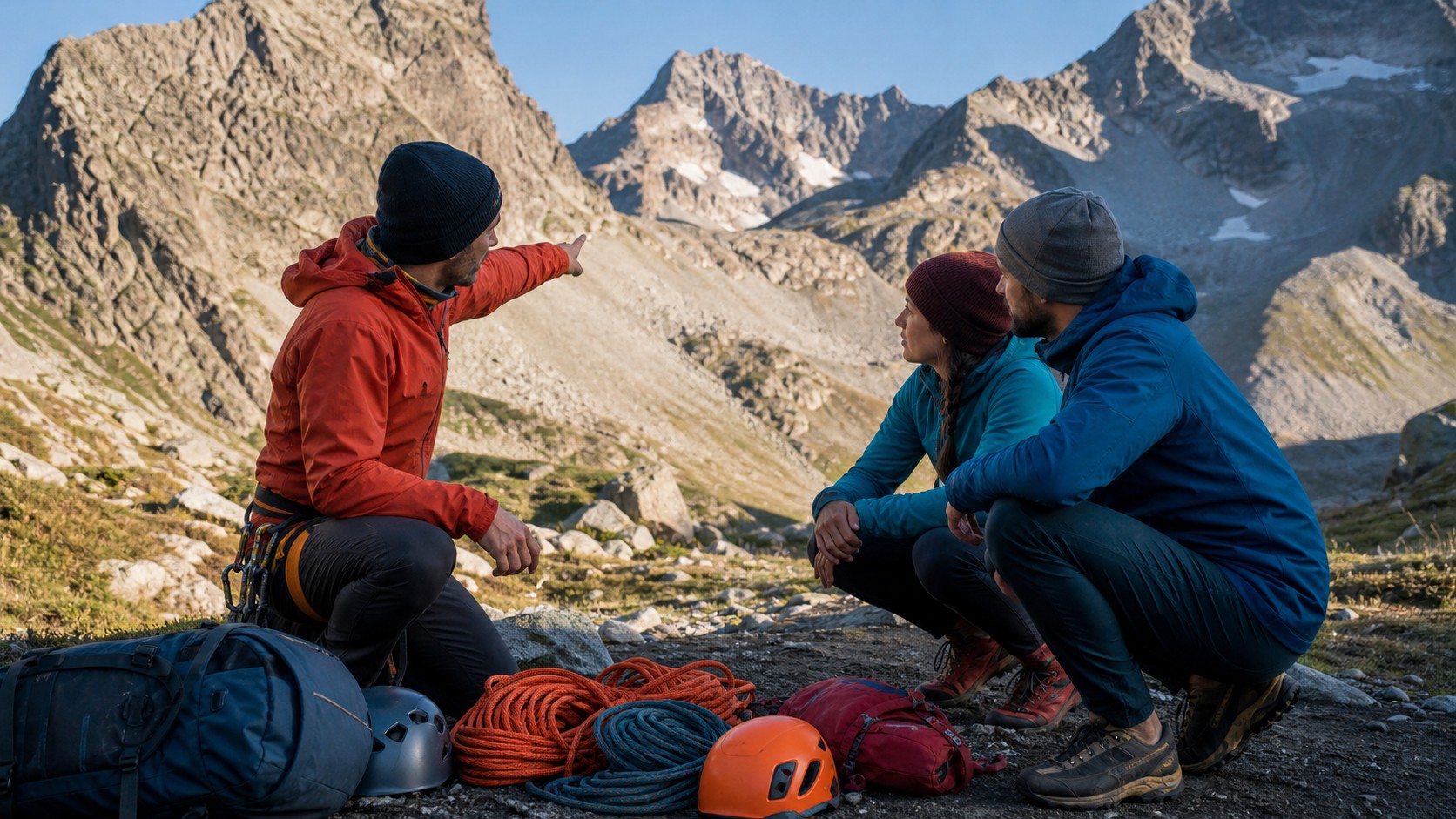 Mountain guide briefing two adventure travelers beside ropes, helmets, and packs below rugged alpine peaks