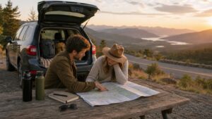 Two travelers planning a road trip with a map beside an open car at a mountain overlook near sunset