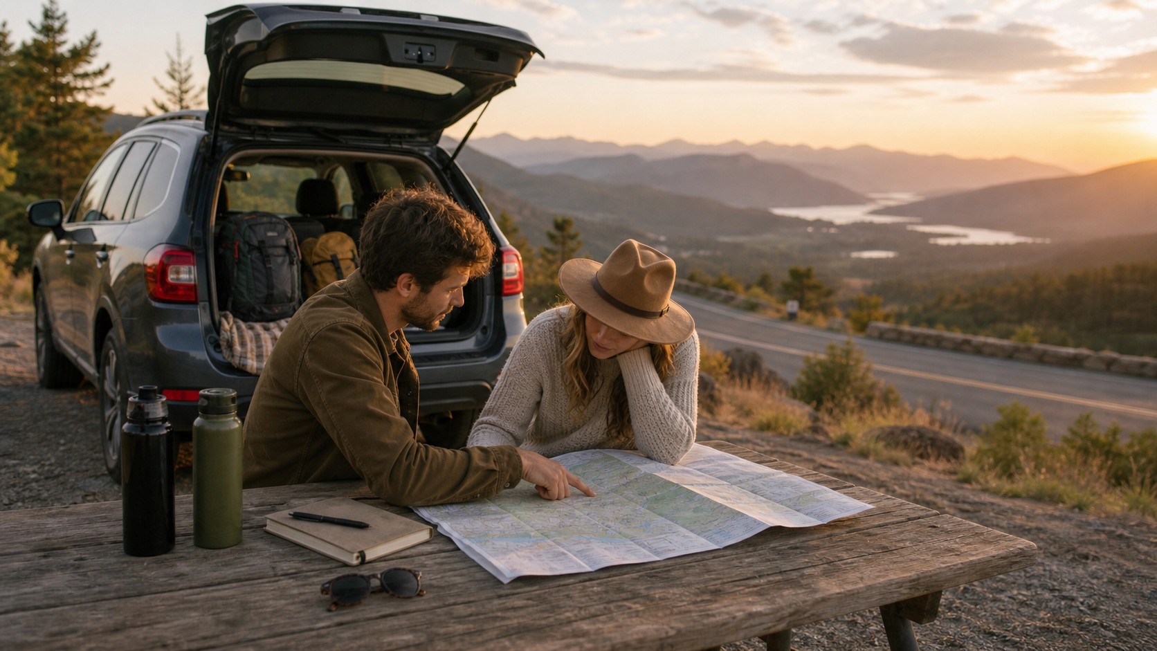 Two travelers planning a road trip with a map beside an open car at a mountain overlook near sunset