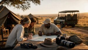 Safari guide and travelers reviewing a map at a camp table before an evening game drive