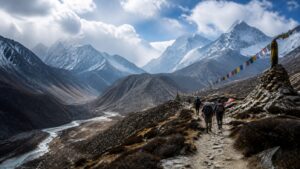 Trekkers walking below prayer flags on a high mountain trail with snowy peaks and a glacial valley